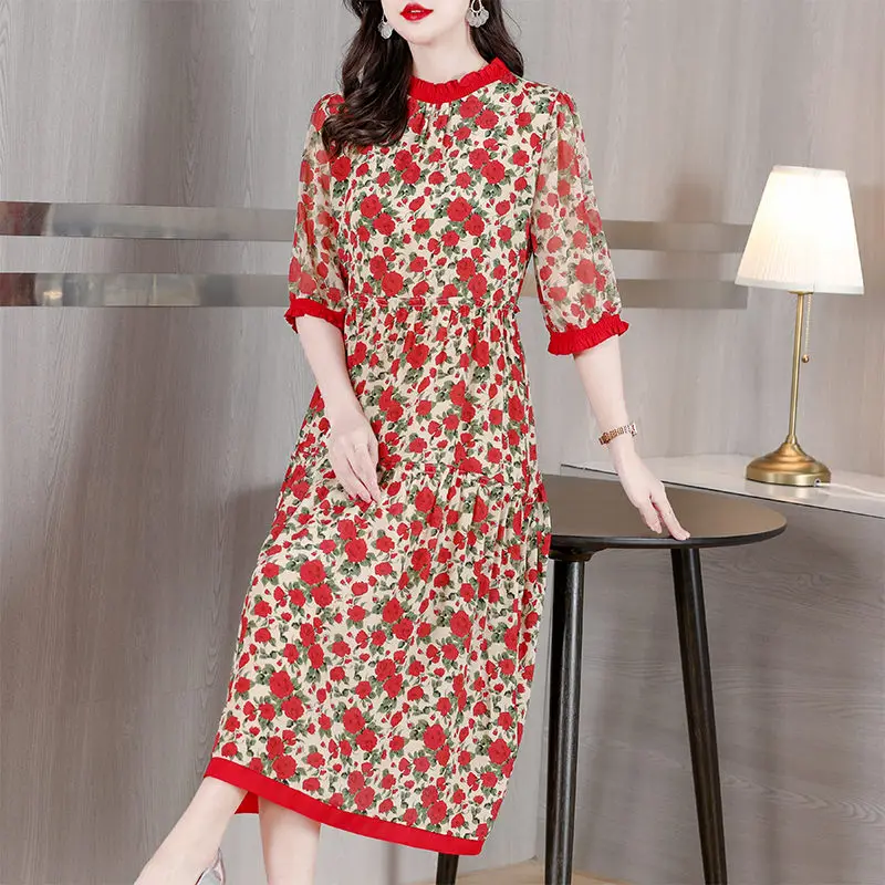 

Large Size 2023 Summer Women Fashion Printed O-Neck Short Sleeve Dress Simple Elegant Casual Retro Loose Midi Dress Robes T2049
