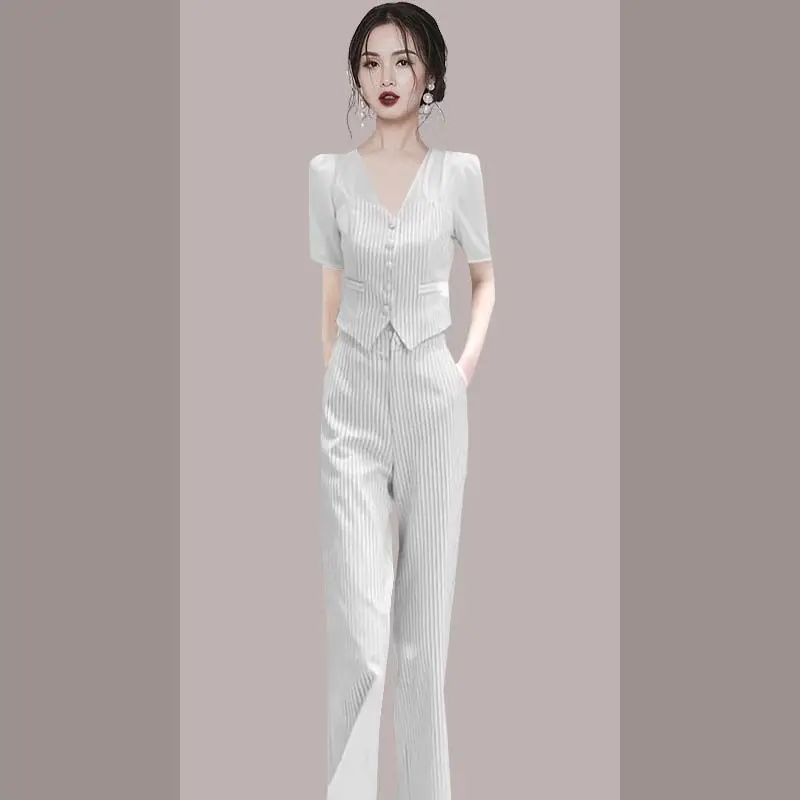 Stripe Patchwork Short Sleeve Chiffon Shirt Blazer Casual Wide Leg Trousers Two-piece Elegant Women's Pants Suit Office Outfits