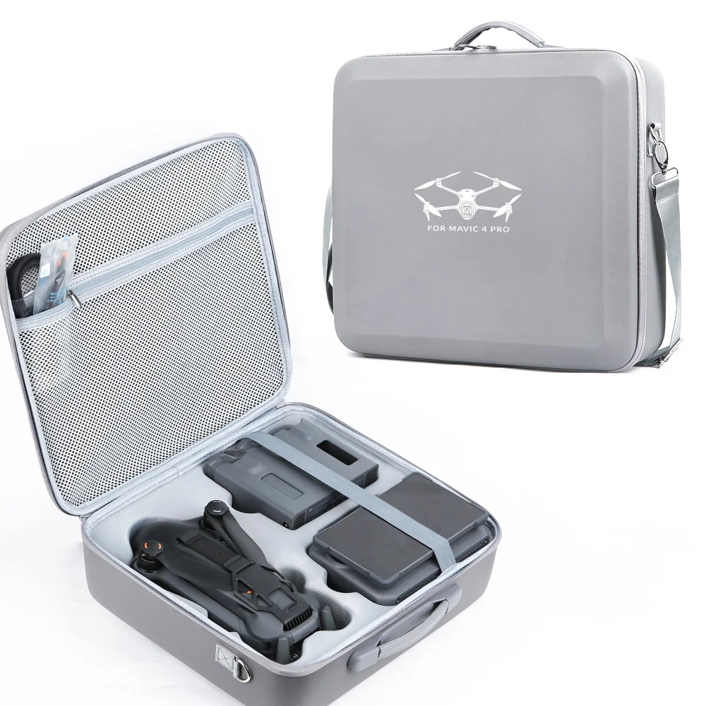 Vue de profil de l'étui antichoc pour DJI Mavic 4 Pro, poignée de transport renforcée et sangle amovible.