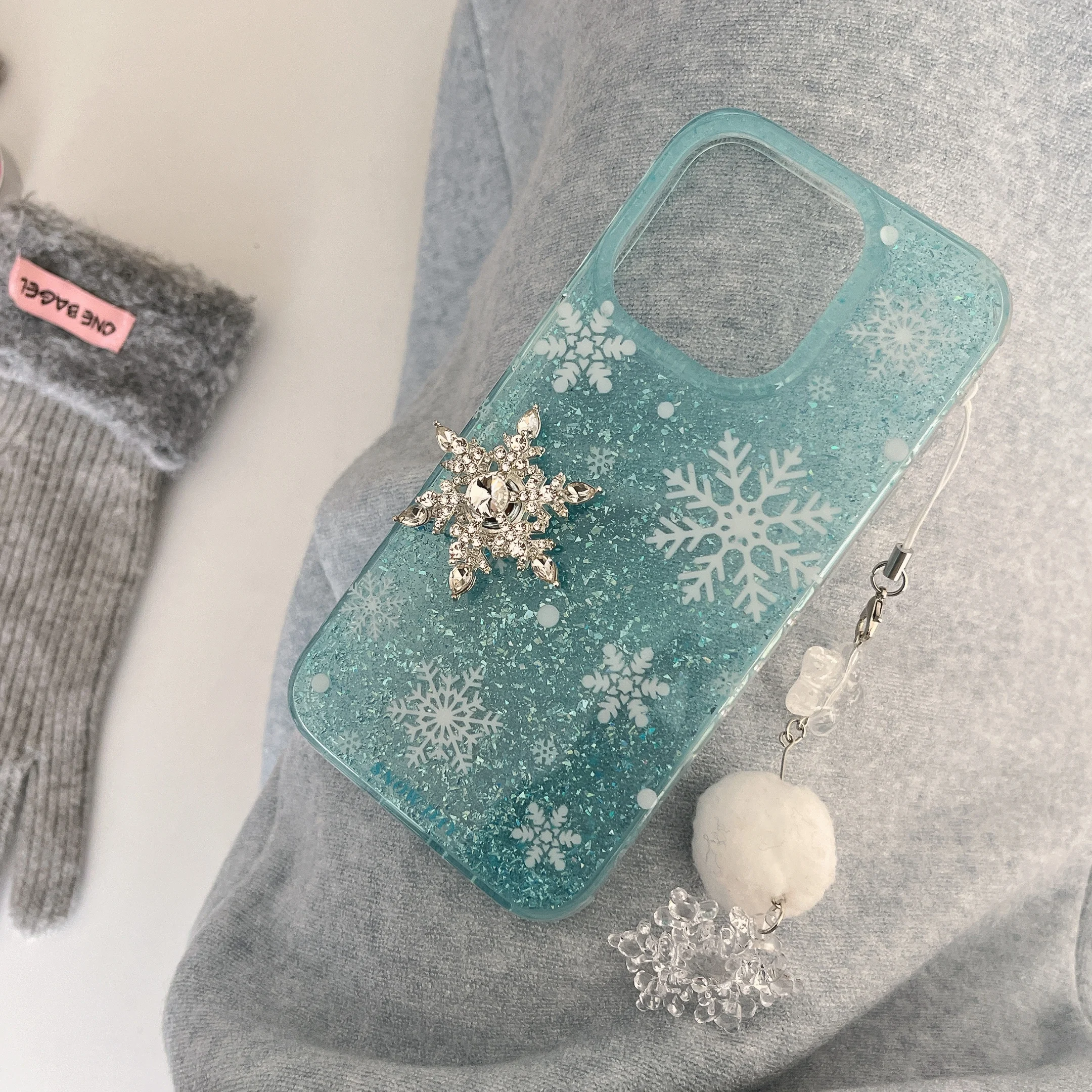 Winter 3D Cartoon Snowflake Blue Transparent Glitter Powder Phone Case for iPhone 16 15 14 13 Pro Max 12 11 Back Cover Funda