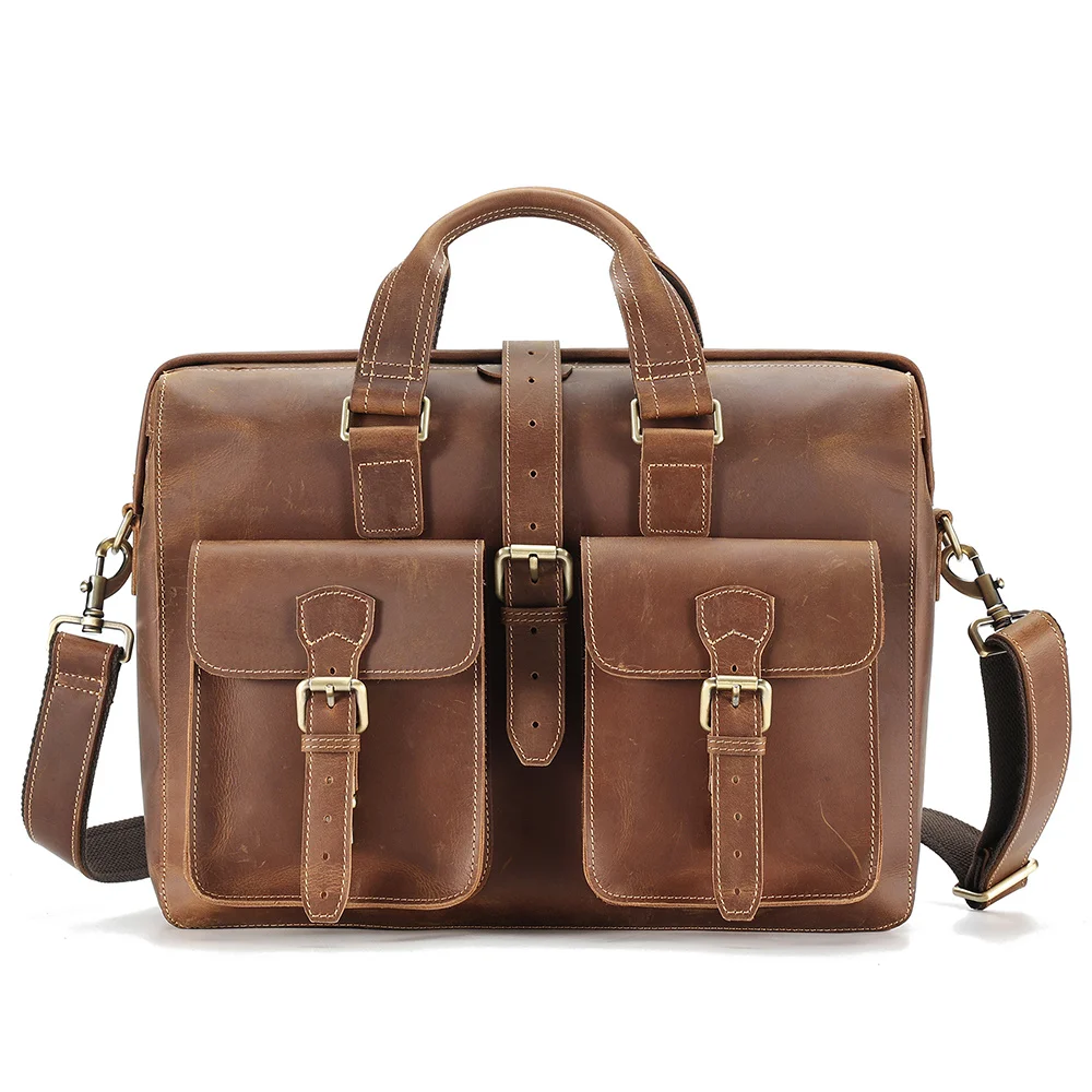 

Vintage Crazy Horse Leather Men Briefcase Business Work Bags Male Fits 15.6" Laptop Mesenger Shoulder Bag Handbag New