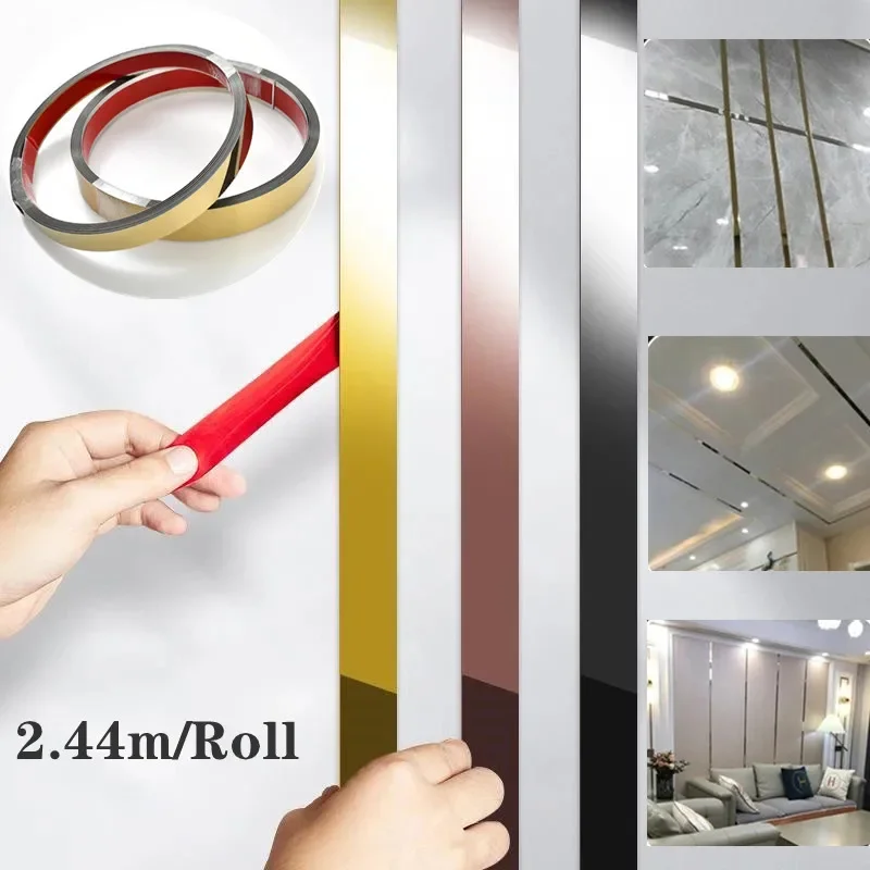 Mirror Wall Sticker 244cm Self-adhesive Stainless Steel Flat Decorative Lines DIY Mirror Wall Sticker Background Wall Ceiling Edge Strip home decor