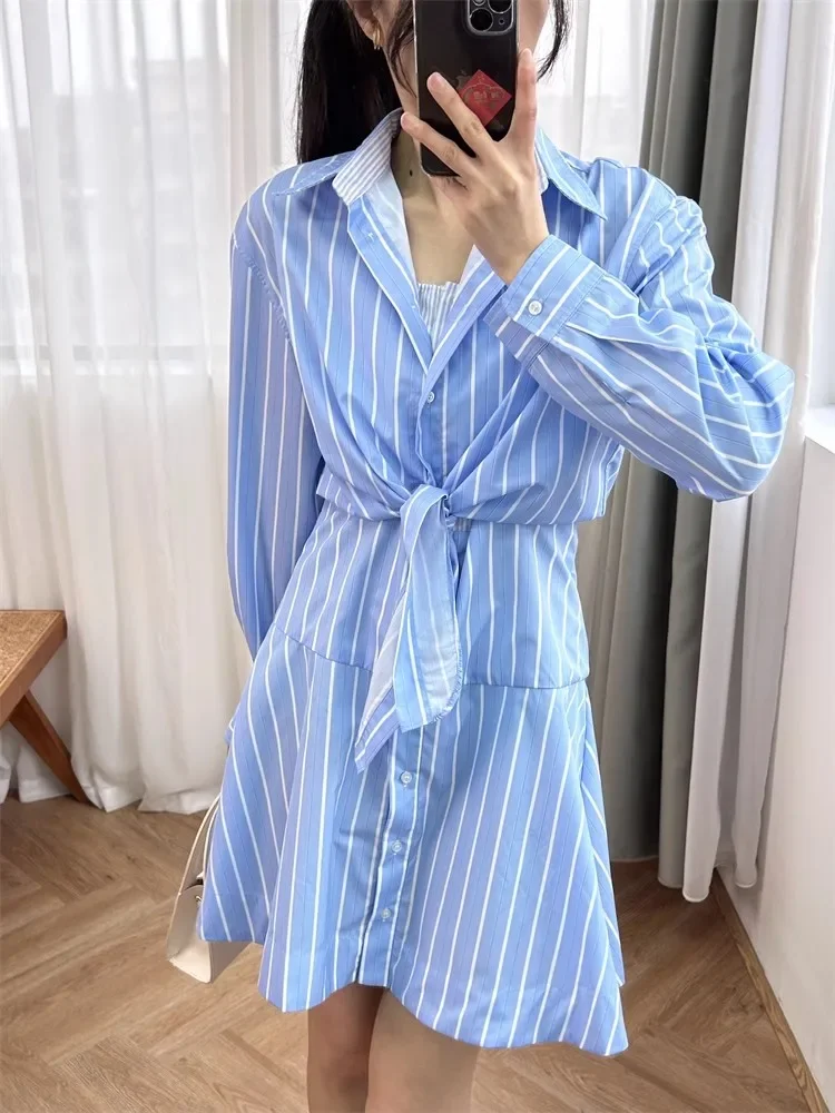 

Женское платье-рубашка в полоску, повседневное однобортное платье мини с отложным воротником и длинным рукавом, весна 2024