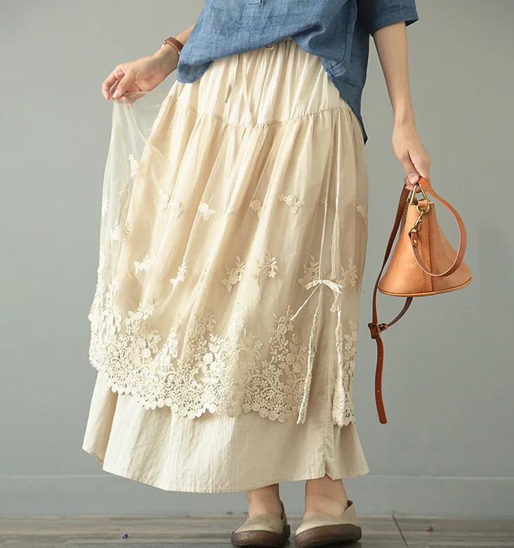 white skirt French Long Skirt Ankle Retro Double Mesh Yarn Loose Embroidery A-Line skirt RV474 summer skirts Skirts