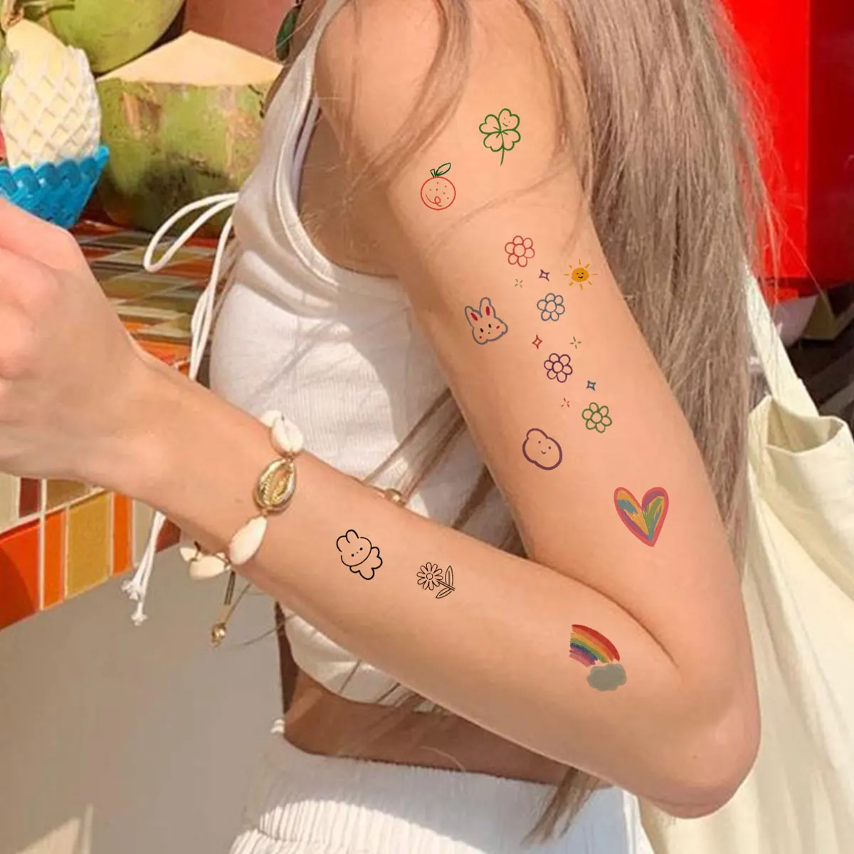 6pcs New Cartoon Pattern Colored Flower Heart Temporary Tattoo Stickers Waterproof Magic Tattoo Disposable Tattoo Stickers 5