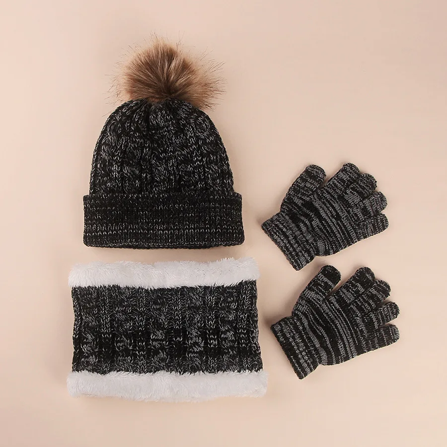 3pcs Winter Hat Sets for Children Beanies Snood Gloves Kids Gilr Boy Winter Cap Short Scarf Cute Big Pompom 2-7 Years