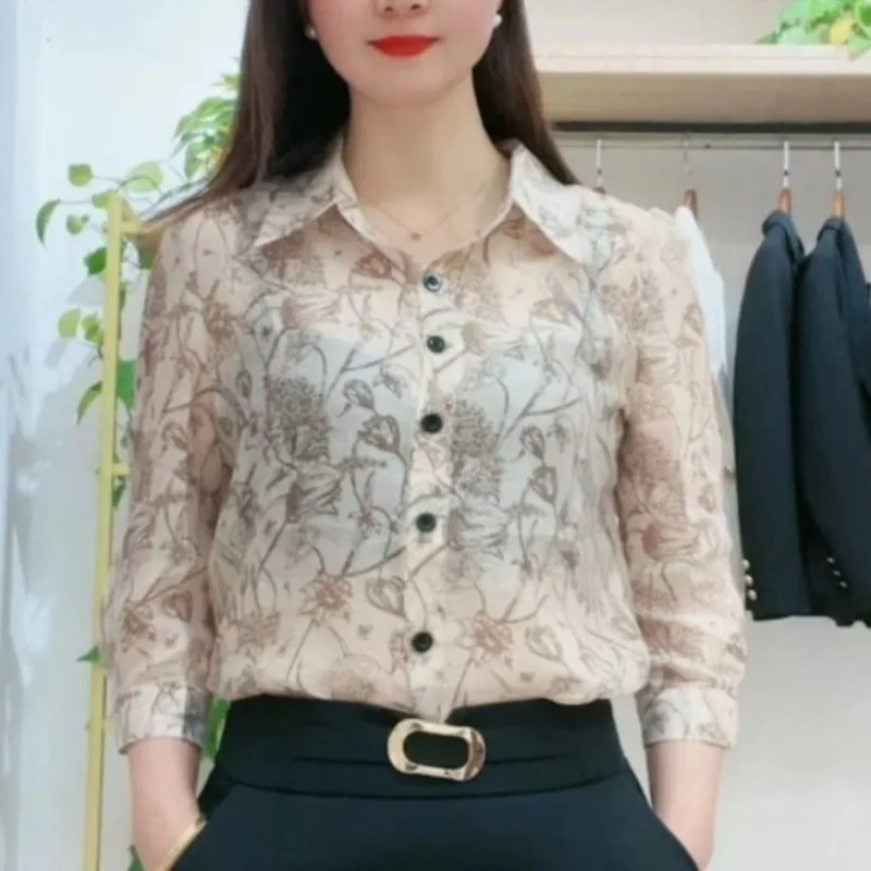 Korean Commute 2024 Spring Summer New Blouses Women's Fashionable Chic Polo-Neck Printed Single-breasted Thin Half Sleeve Shirts