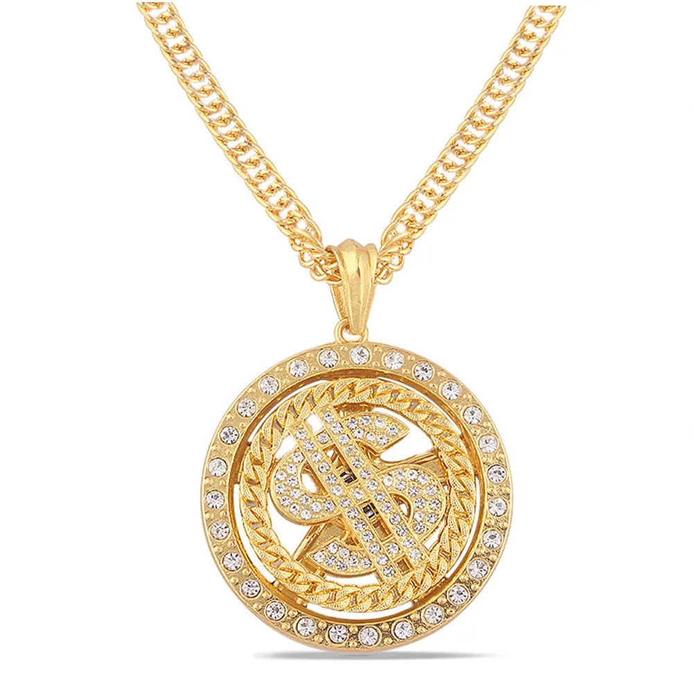 Men's Turn table Hip Hop Necklace Pendant For Costume Accessories Gift Spinner Dollar Neck European American street necklace new men s hip hop diamond glitter 100 points army brand pendant necklace european and american simple fashion jewelry