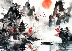 Serene Japanese Ink Art: Mountain & Cherry Blossom Canvas Wall Decor - 40X60cm Unframed (By - 5)