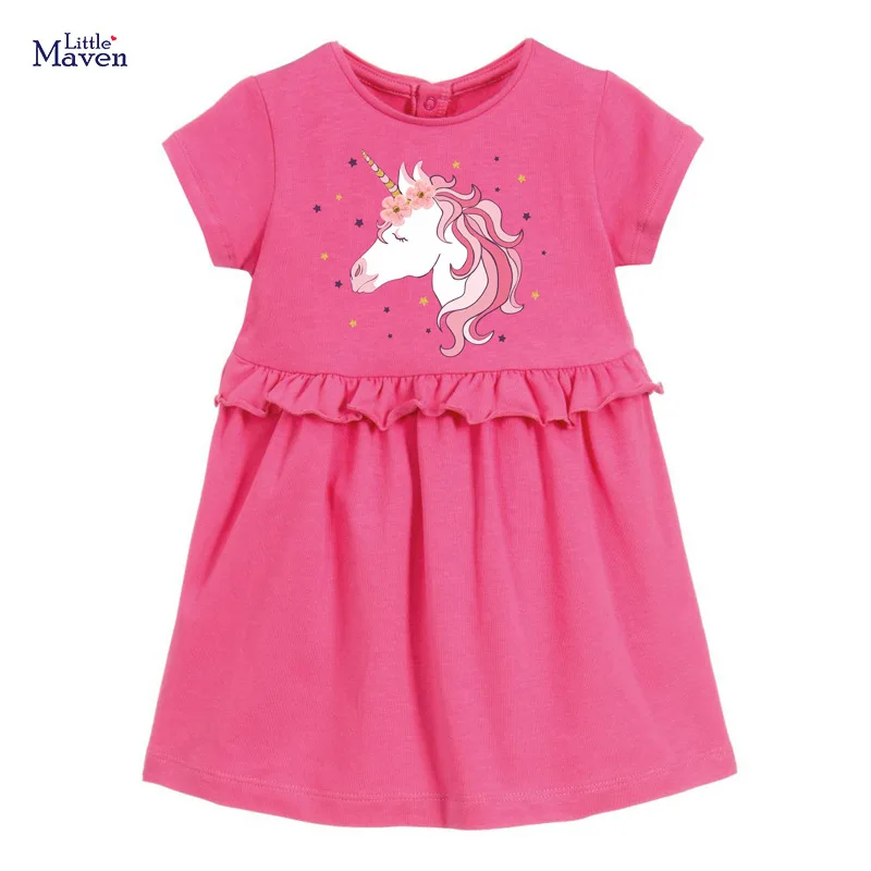 Little maven 2022 Baby Girls Red Unicorn Dress Cotton Lovely Summer Casual Clothes Children Vestidos Pretty for Kids 2-7 year