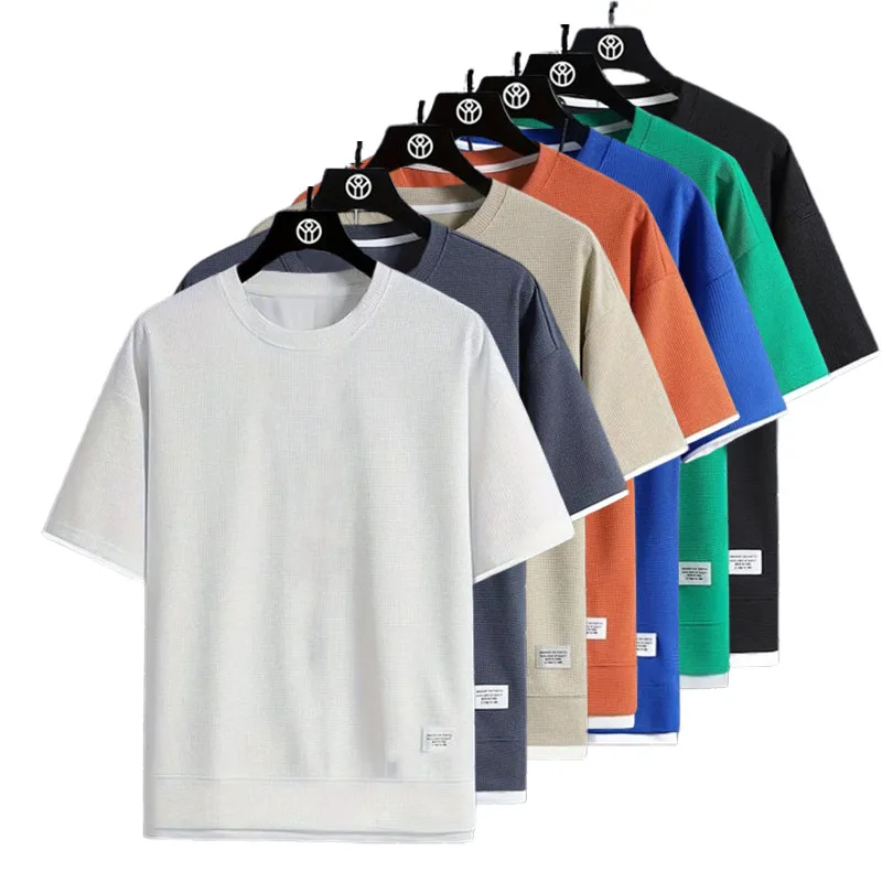 

New Summer Men's Waffle Round Neck Short Sleeved T-shirt Top Comfortable Hip Hop Loose Tshirt Tees Plus Oversize