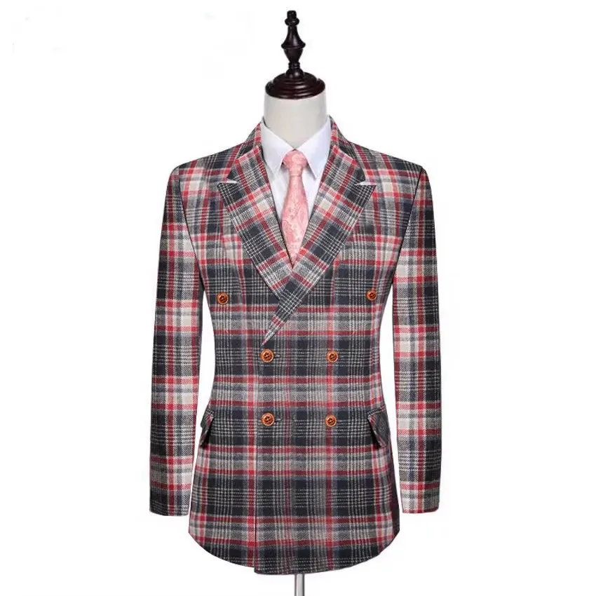 Wool Plaid Wedding Suit 2 Buttons Groom Tuxedos Double Breasted Tweed Suits Man Suit (Jacket+pants)
