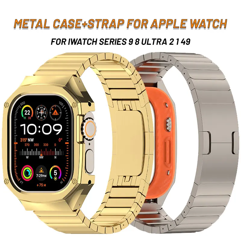 

Luxury Stainless Steel Case+Strap Mod Kit For Apple Watch Band Ultra 2 49mm Bracelet Bumper Accessories For IWatch 9 8SE Cover