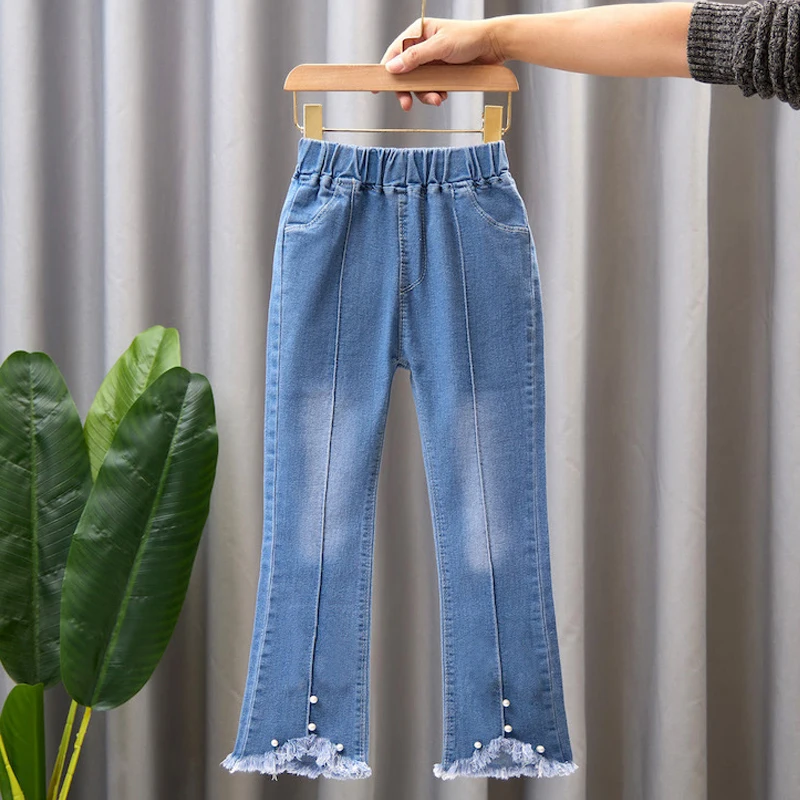 Spring Autumn Children Jeans Girls Cotton Print Splice Stretch Denim Pants Korean Teenage TrousersWear Kids ClothingDenimRipped