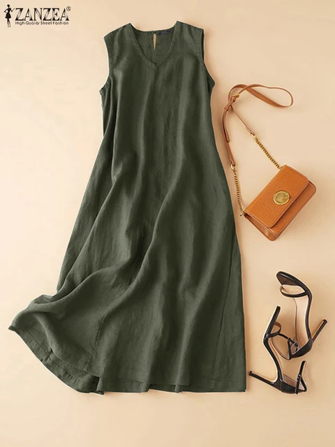 ZANZEA Plus Size Cotton Sleeveless Dresses 2025 Summer Womens Casual V Neck Solid Sundress Loose Vestidos Vintage Robes Femme