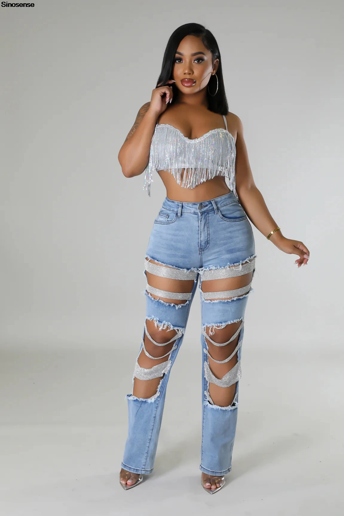 NRTHYE Jeans Cargo Donna A Vita Alta Con Strass E Strappi | Denim Elasticizzato Gamba Dritta, Stile Streetwear, Invecchiato, Con Tasche, Taglie Forti