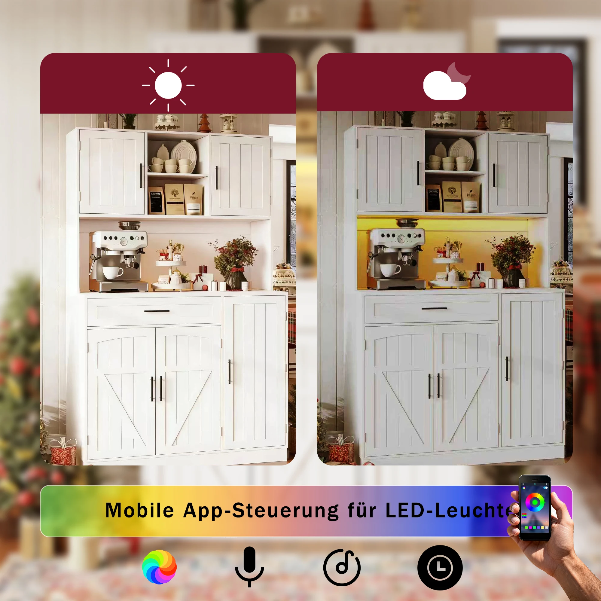 PINGGO 110x38x180cm Weißer Beistellschrank im Landhausstil mit 5 Türen, LED-Leiste, Steckdose und Stauraum für Küchengeräte – Detail 3