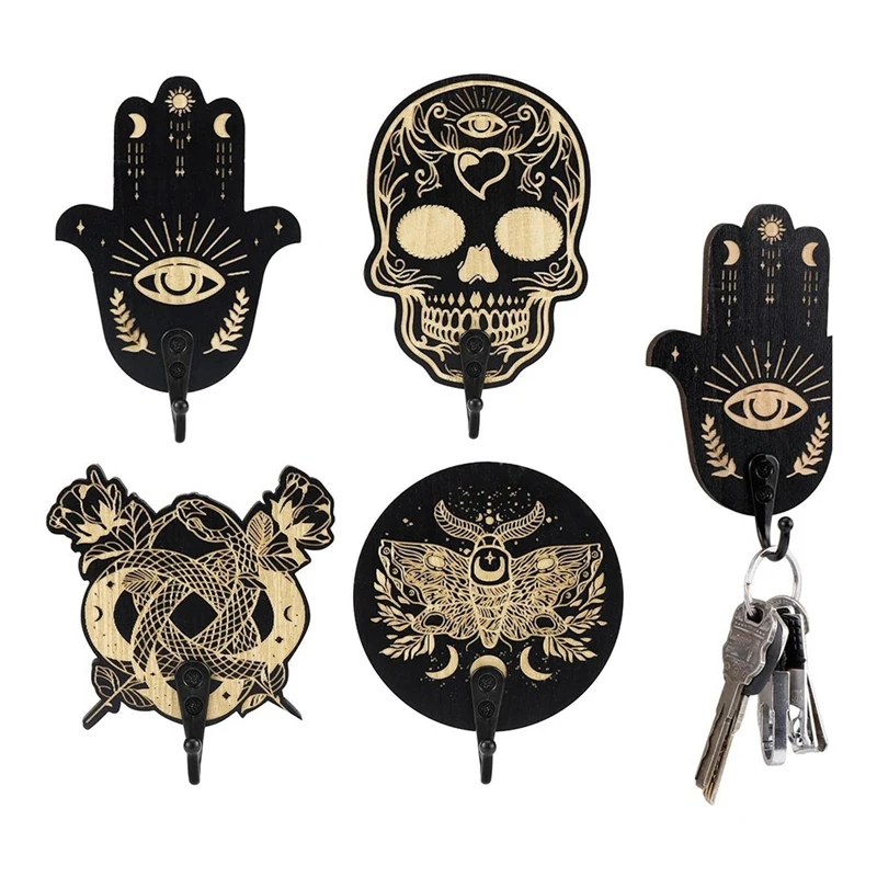 

4 Pcs Evil Eye Decor For Wall Hamsa Hand Key Holder Skull Zen Spiritual Moon Key Holder