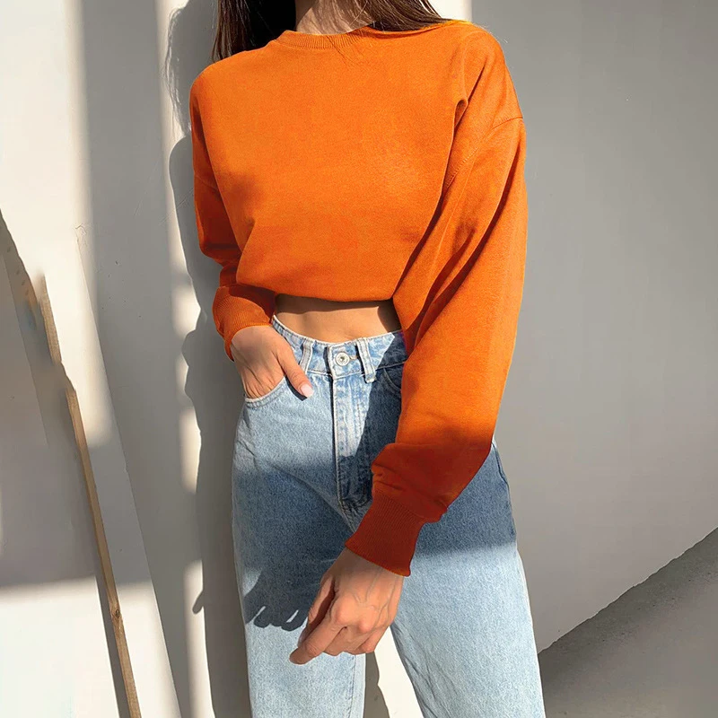 

2023 Women's Spring Autumn Sweater Open Navel Short Top Solid Round Neck Plush Sweater Loose Long Sleeve Female Clothing Outside