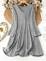 Plus Size Women's Solid Color V-Neck Long Sleeve Pit Stripe Dresses - Image 3