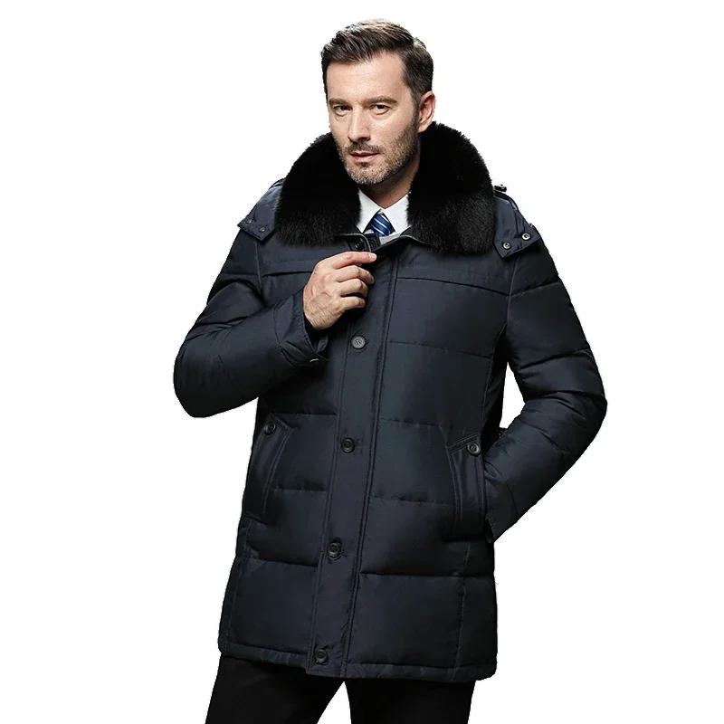 Men's Winter Coats Real Fur Collar Hooded Jackets Thick Warm White Duck Down Detachable Hood Hat Male Windproof Parka Large Size
