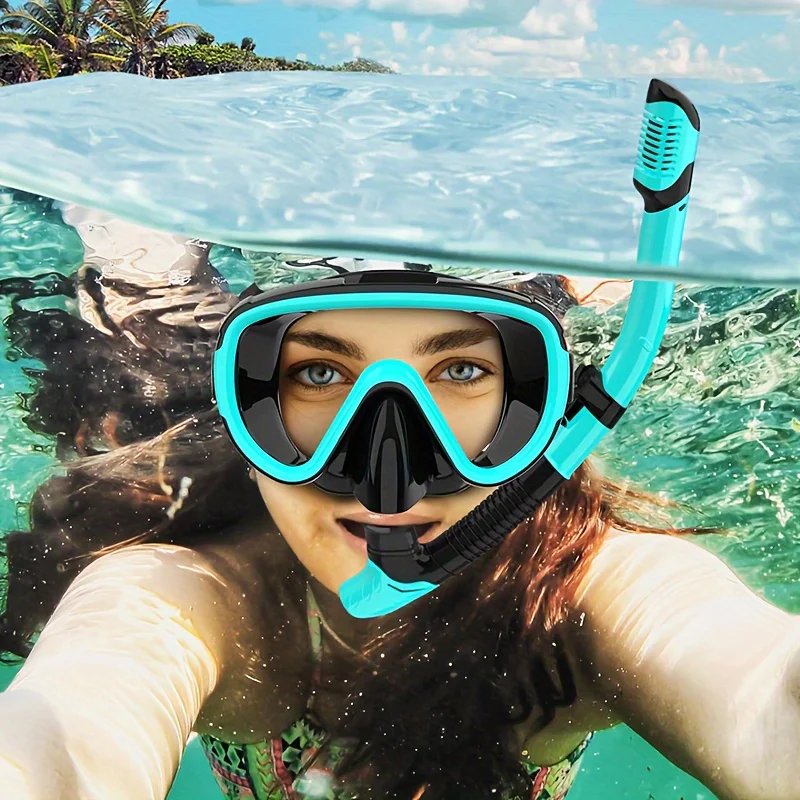 Qingsong Adult Advanced Snorkeling Gear Set-Dry Top Snorkel with Anti-Fog Panoramic Tempered Glass Mask for Snorkeling
