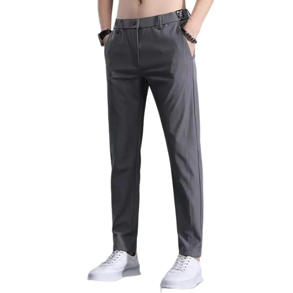 

Summer Pants for men Straight Elastic Waist Pockets Solid Color Ankle Length Slim Ice Silk Pants Trousers Male pantalones hombre