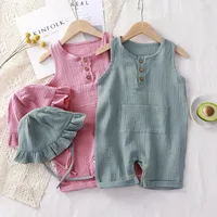 Muslin Baby Jumpsuit Hat Long Sleeve Cotton Toddler Romper for Boys Girls Solid Color Spring Autumn Baby Clothes Newborn Onesie 6