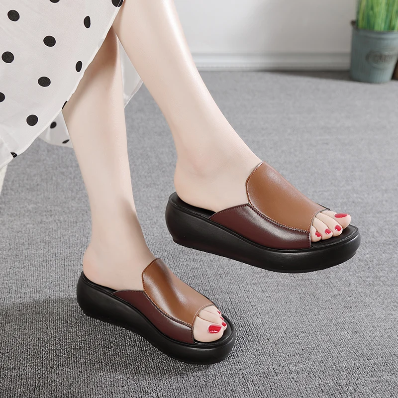 Slippers Woman Summer New 2024 Wedges Shoes For Womens Platform Middle Heel  Mother Leather Slippers Fashion External  Wear