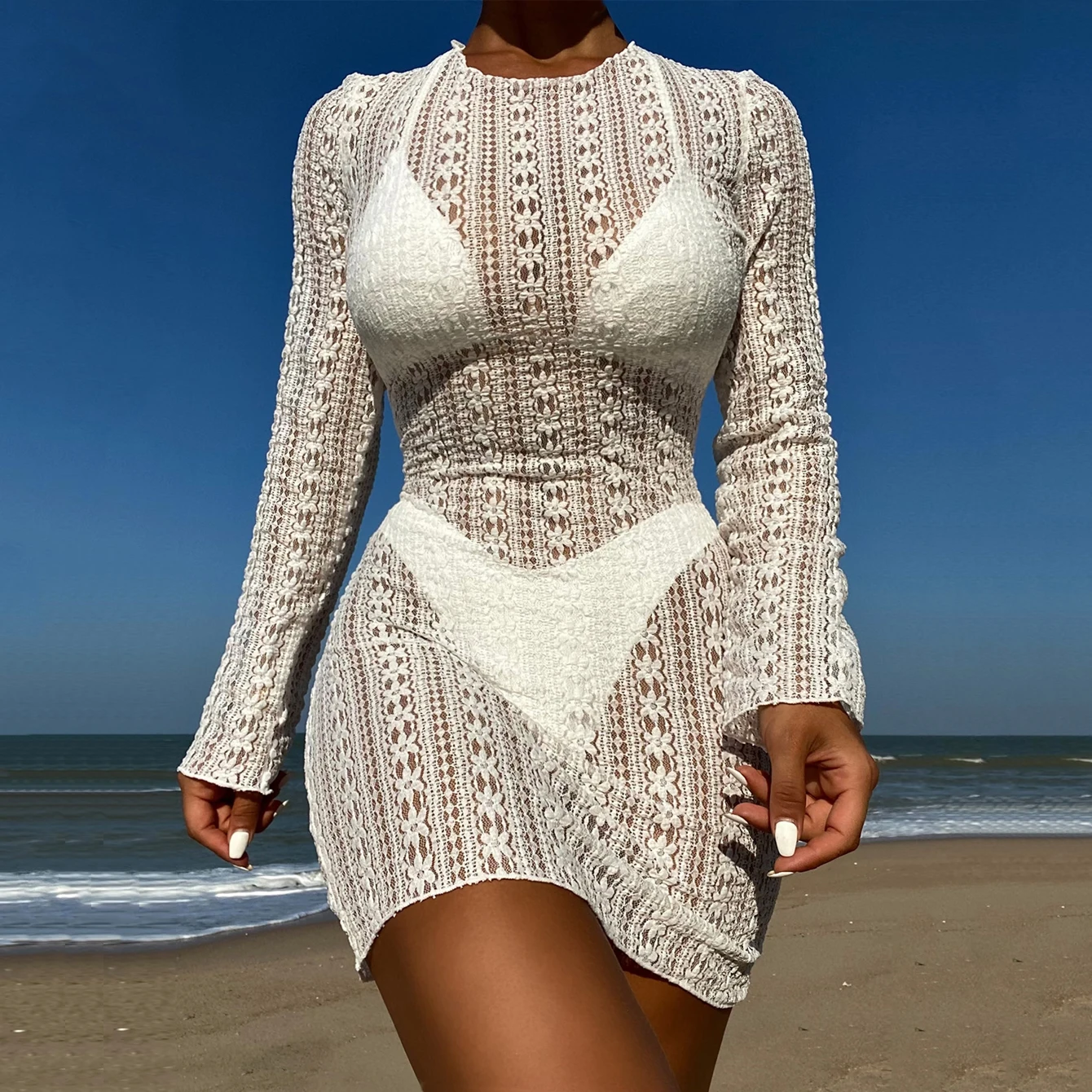 

Прозрачная Кружевная Пляжная накидка, женское платье с длинным рукавом, летняя пляжная мини-накидка для бассейна, женская одежда для купания, купальный костюм, белые комбинезоны