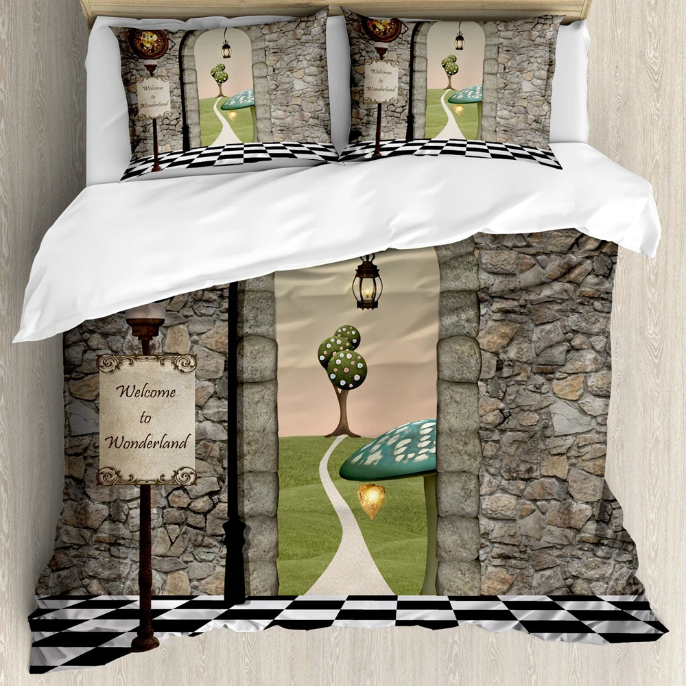 

Комплект пододеяльника «Алиса в стране чудес», черно-белый напольный декоративный Комплект постельного белья с принтом в виде грибов, добро пожаловать в страну чудес