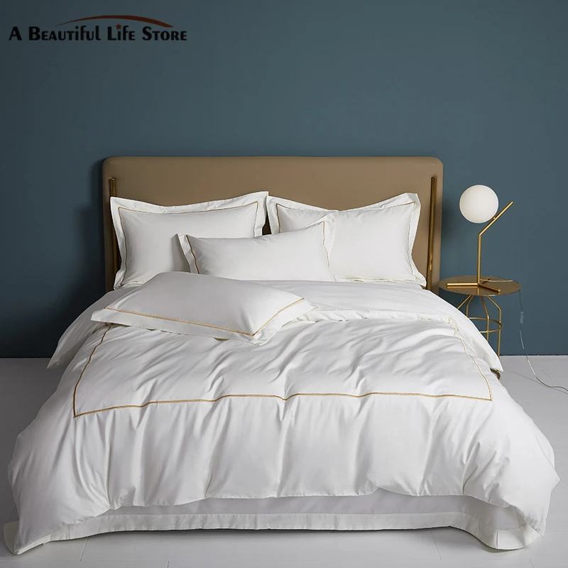 Luxury140SEgyptianCottonEmbroiderySolidColorHotelStyleBeddingSetsWhiteBedSetDuvet