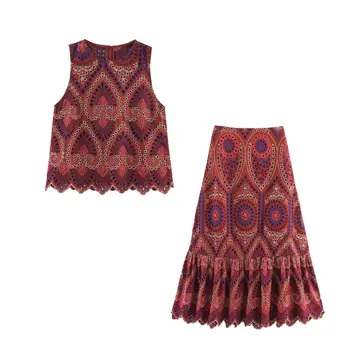 Women’s Summer Exotic Style Sleeveless Set Symmetric Pattern Ruffle Top Matching Pleated Skirt Comfortable Outfit Limited Stock 1