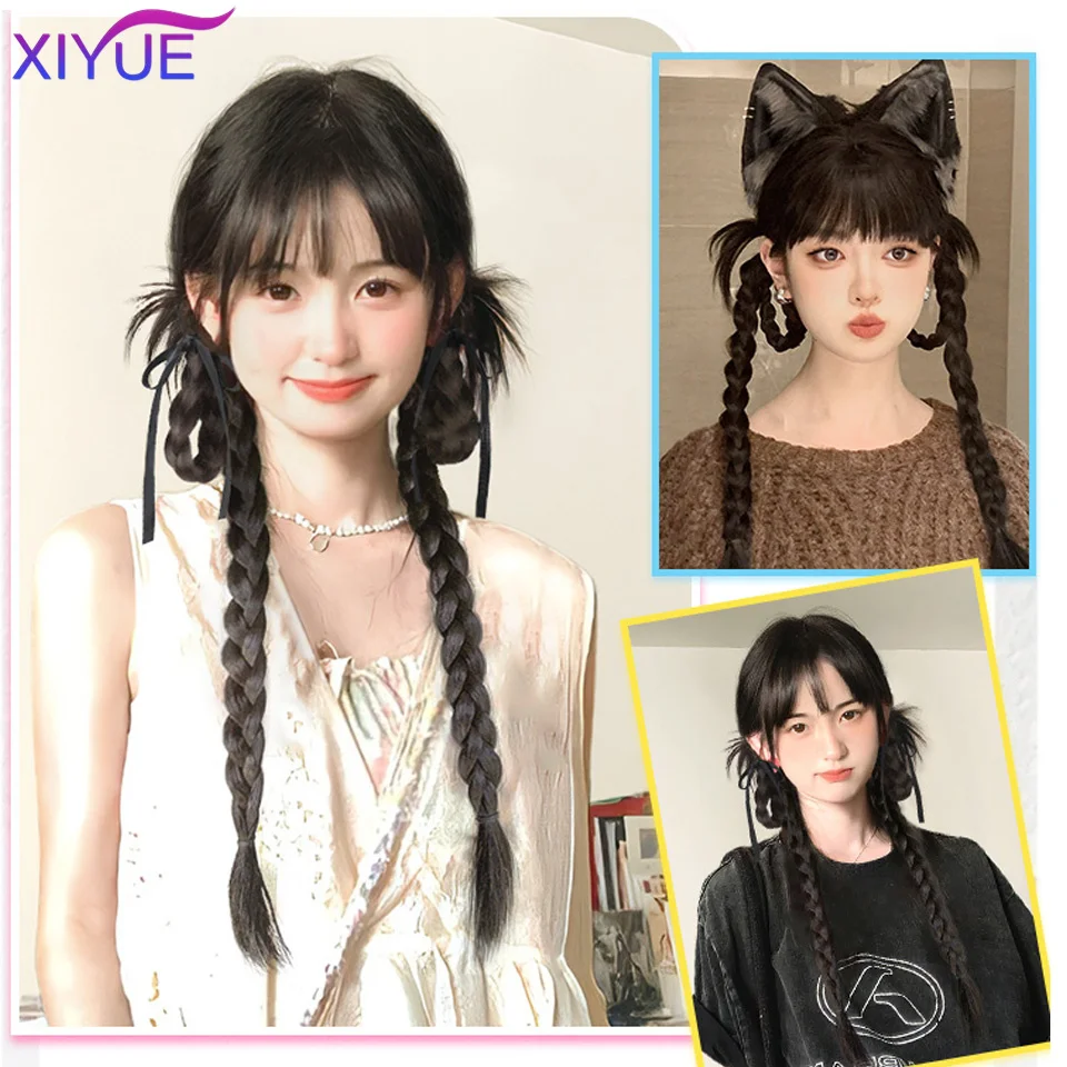 XIYUE  Wig Bubble Braid Double Ponytail Fuffy Imitation Fried Dough Twists Braid Ponytail Wig