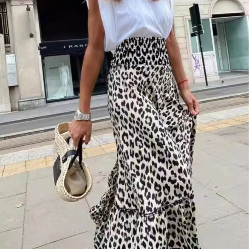 Fashion Leopard Print Skirt for Women New Summer Big Swing Skirt High Waist A-line Long Skirts 8679