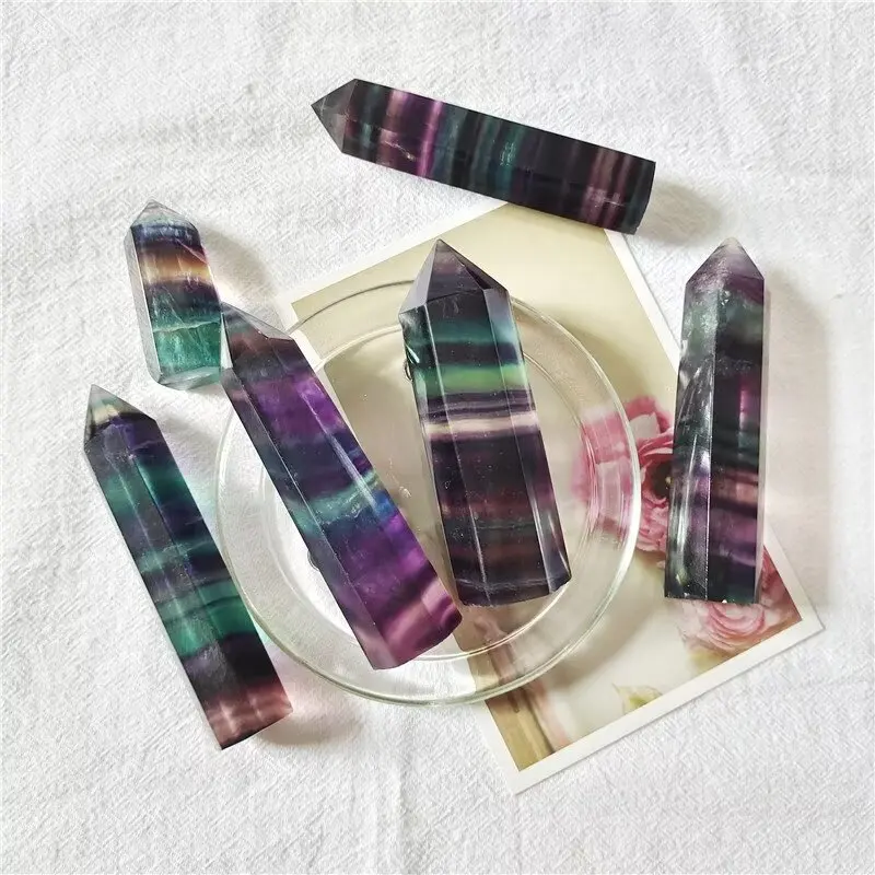 Natural Crystal Stone Creative Striped Fluorite Gemstone Rainbow Stone Bar Gem Ornaments Home Decor Craft Collectibles Gift Wand Point natural crystal stone