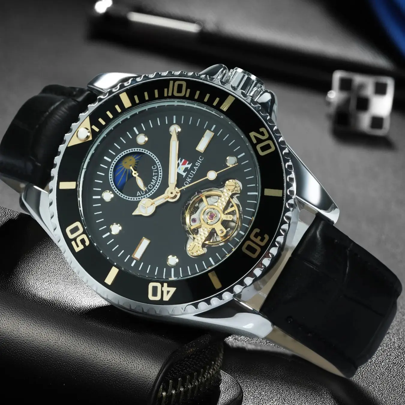 AOKULASIC Classic Business Mechanical Watch For Men Tourbillon Skeleton Automatic Mens Watches Top Brand Luxury Leather Strap_voghion.com