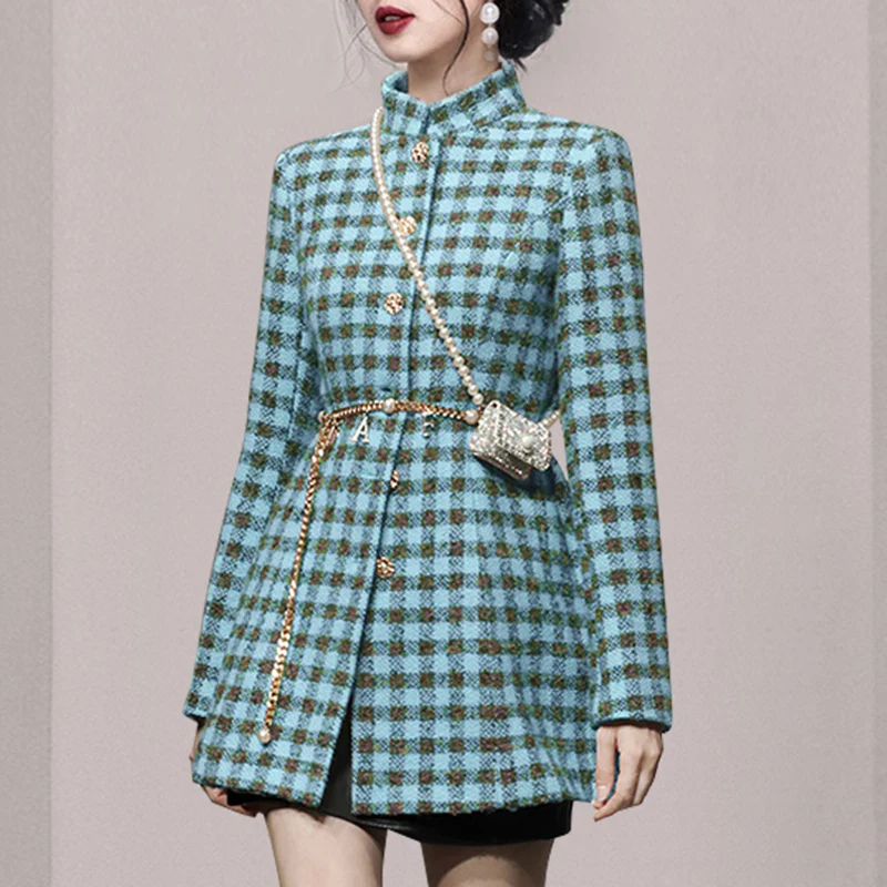 

ZRFTVCXKY Small Fragrance Tweed Coat Feminine Winter Temperament Retro Stand Collar Plaid Thickened Woolen Jacket Women Outwear