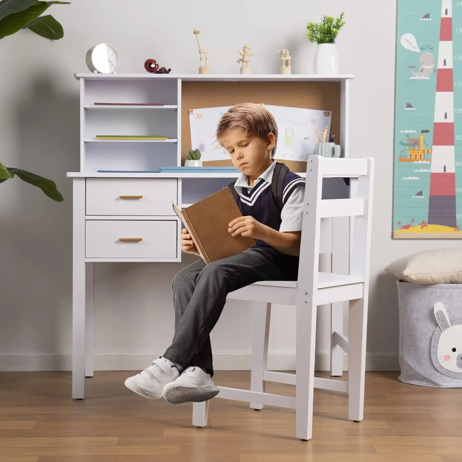 Wooden children's study table Children's table and chair set with cabin/drawer and bulletin board student study computer