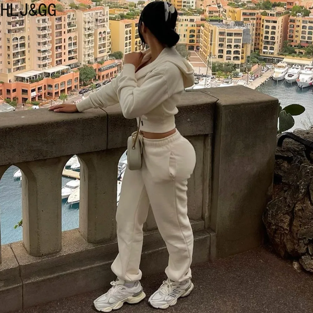 HLJ&GG Casual Solid Jogger Pants Two Piece Sets Women Zipper Long Sleeve Hooded Crop Top And Pants Outfits Female 2pcs Tracksuit