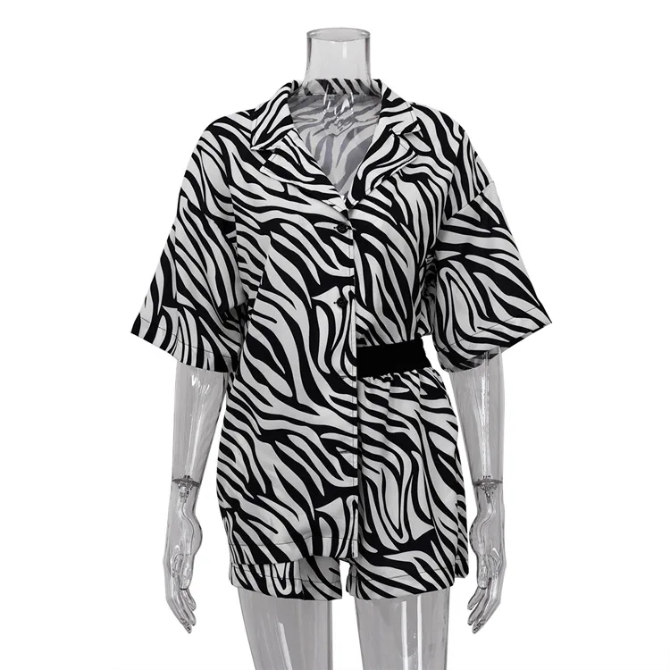 Women Two Piece Sets Outfits Zebra Printed Loose Shirt Tops And High Waist Shorts Set 2025 Casual Streetwear Summer New