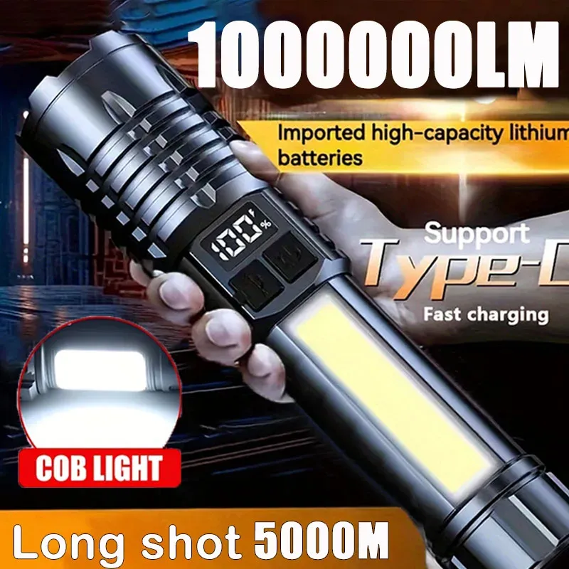 Portable Rechargeable High Power LED Flashlights With Display Screen Zoom Tactical Torch Lamp with Emergency Side Lights Lantern