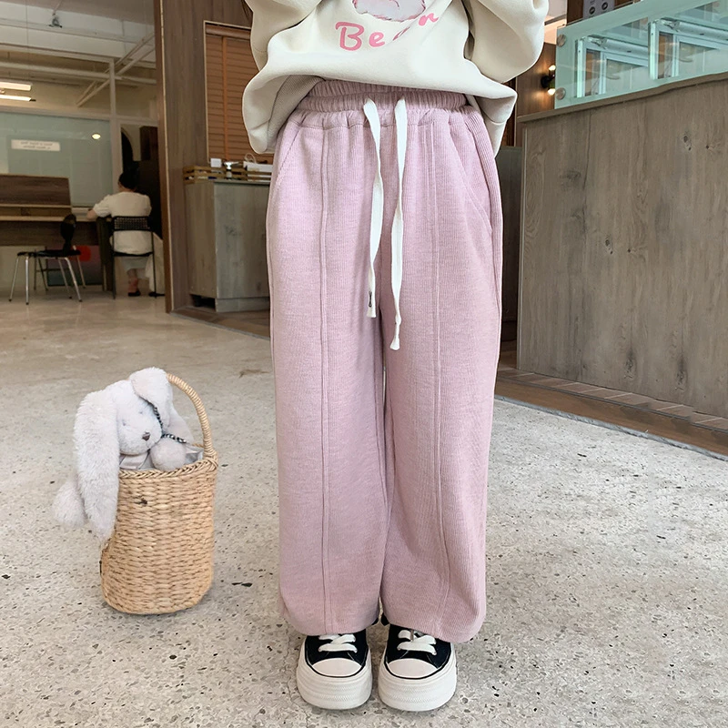 

2024 Autumn Girls Drawstring Straight Leg Pants Baby Girl Jeans Girls Pants Children's Solid Color Loose Casual Peplum Pants