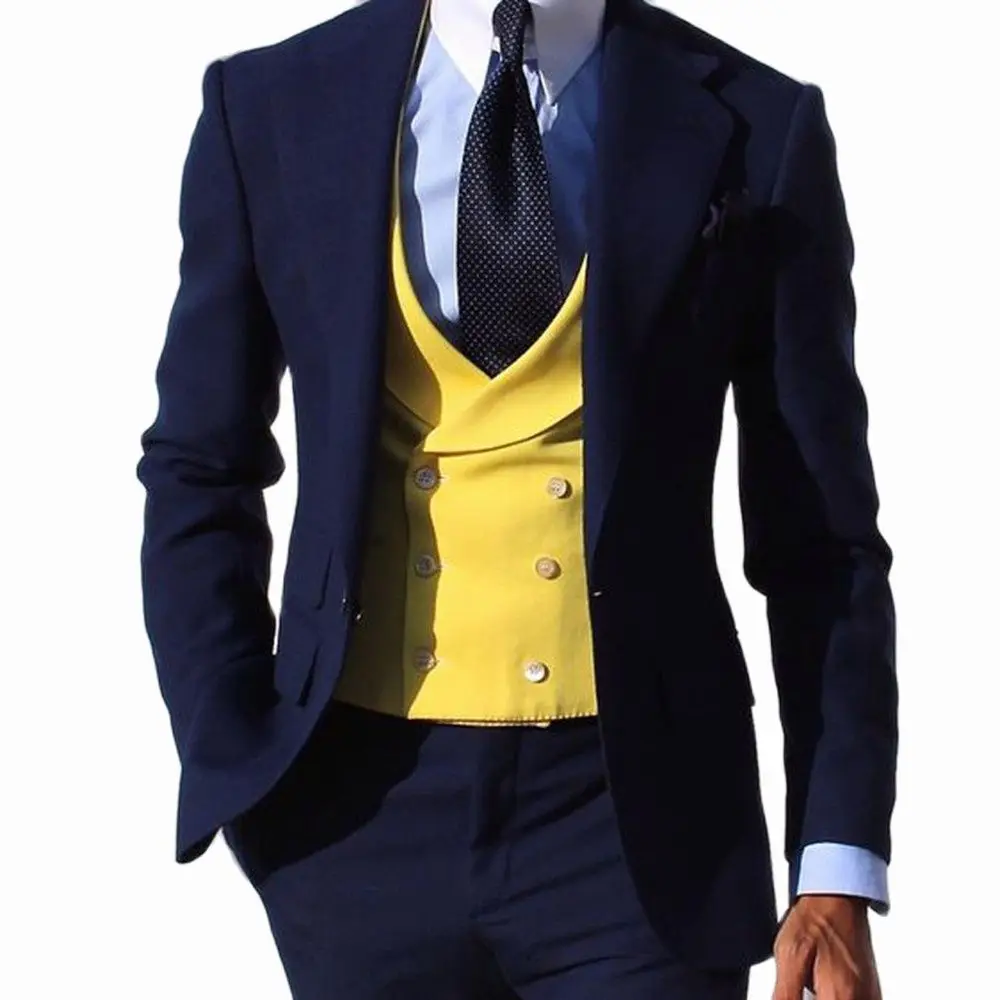 Slim Fit Casual Men Suits with Yellow Waistcoat Navy Blue Pants 3 Piece Wedding Tuxedo for Gromsmen Male Fashion Jacket 2022