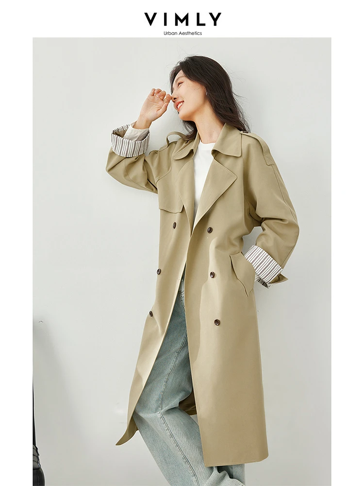 

Vimly Khaki Long Trench Coat Woman 2024 Spring Lapel Contrast Cuff Double Breasted Women's Coat England Style Windbreaker M5282