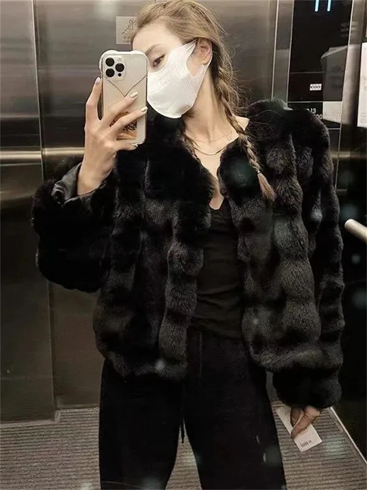 Luxury Short Faux Rabbit Furs Jackets Elegant Thicken Winter Coats Imitate Mink Warm Jaqueta Korean Fashion Women Furry Overcoat