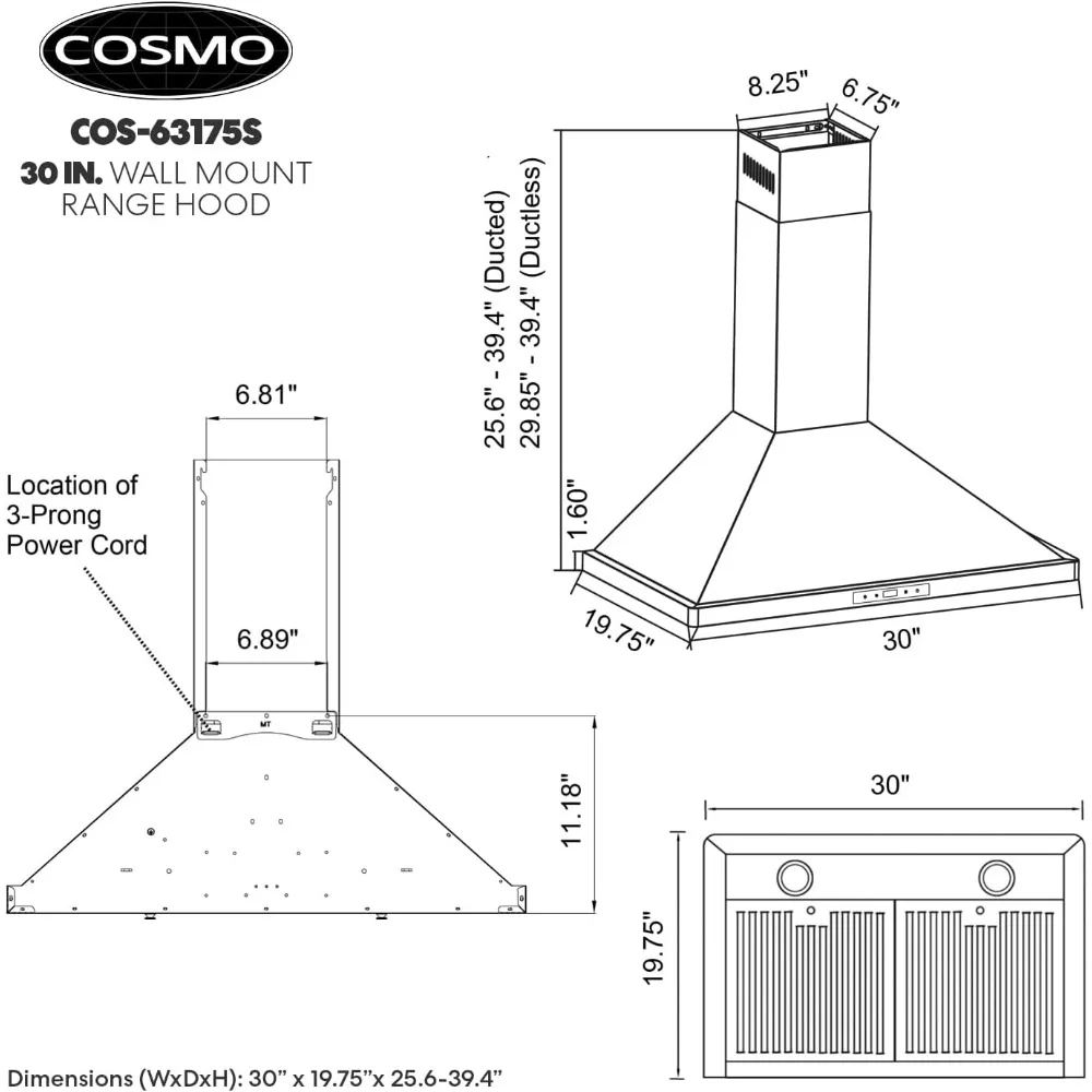 Wall Mount Range Hood with Ducted Convertible Ductless (No Kit Included), Ceiling Chimney-Style Stove Vent, LEDs Light 5
