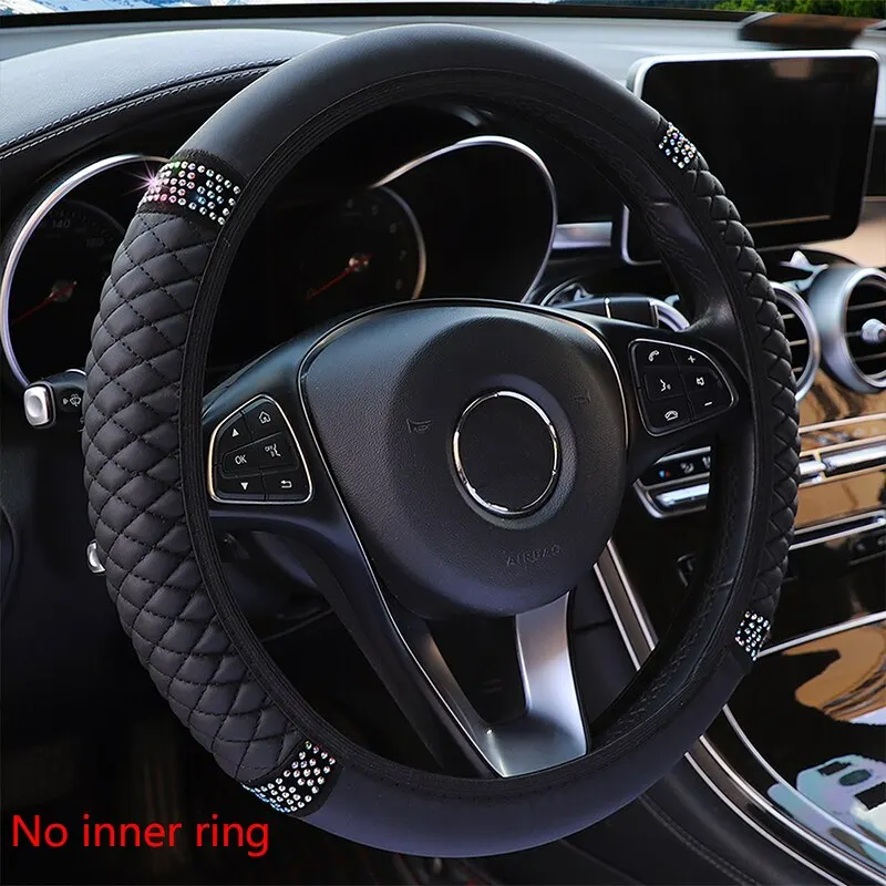Car Steering Wheel Cover 37-38cm Without Inner Ring Three-dimensional Leather Embroidered Diamond-encrusted Breathable