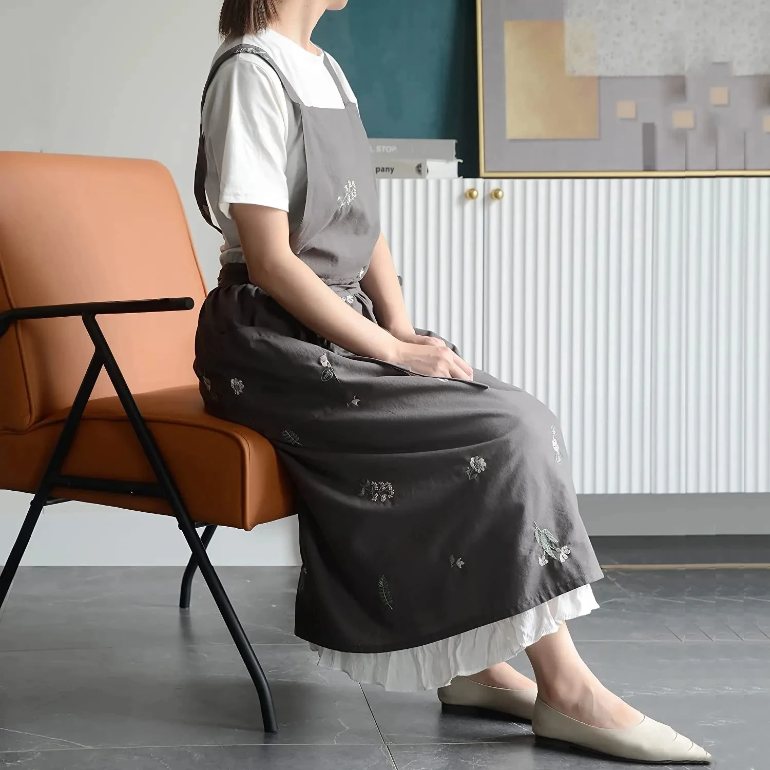 Embroidered Cotton Pinafore Apron Dress with Pockets