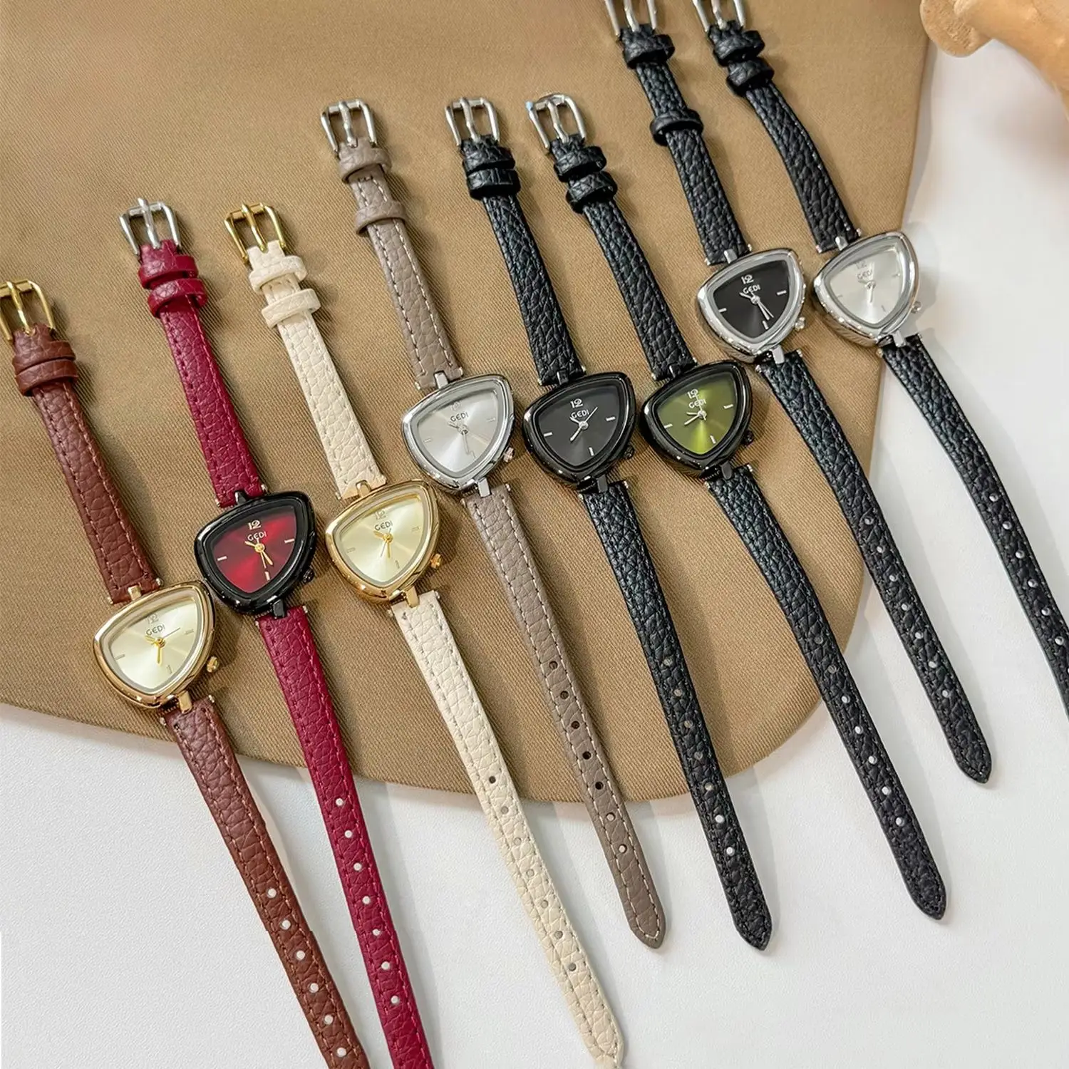 Elegant Asymmetrical Women's Watch with Leather Strap and Quartz Movement